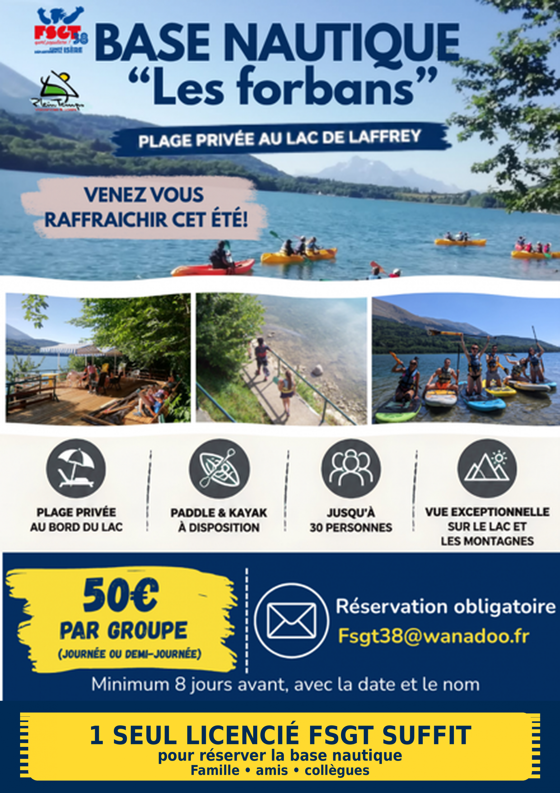 Base nautique Les Forbans au lac de Laffrey avec plage privée, paddle et kayak